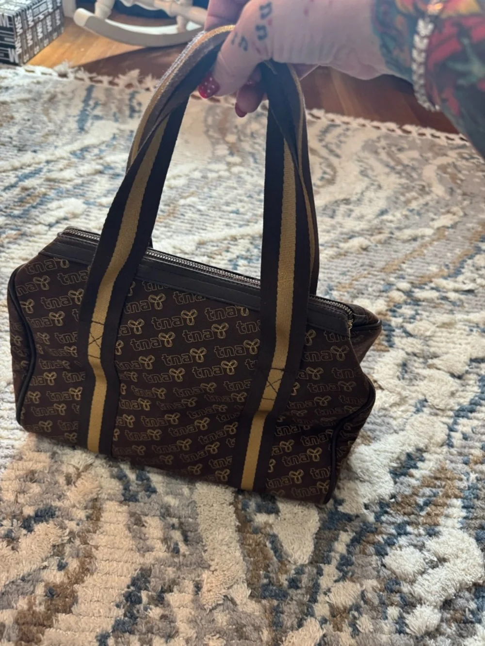 TNA Brown Barrel Tote with Striped Mustard Handles - Picture 8 of 9